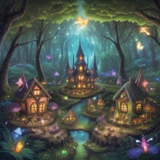 Enchanted Fairy Village in Forest with Fireflies