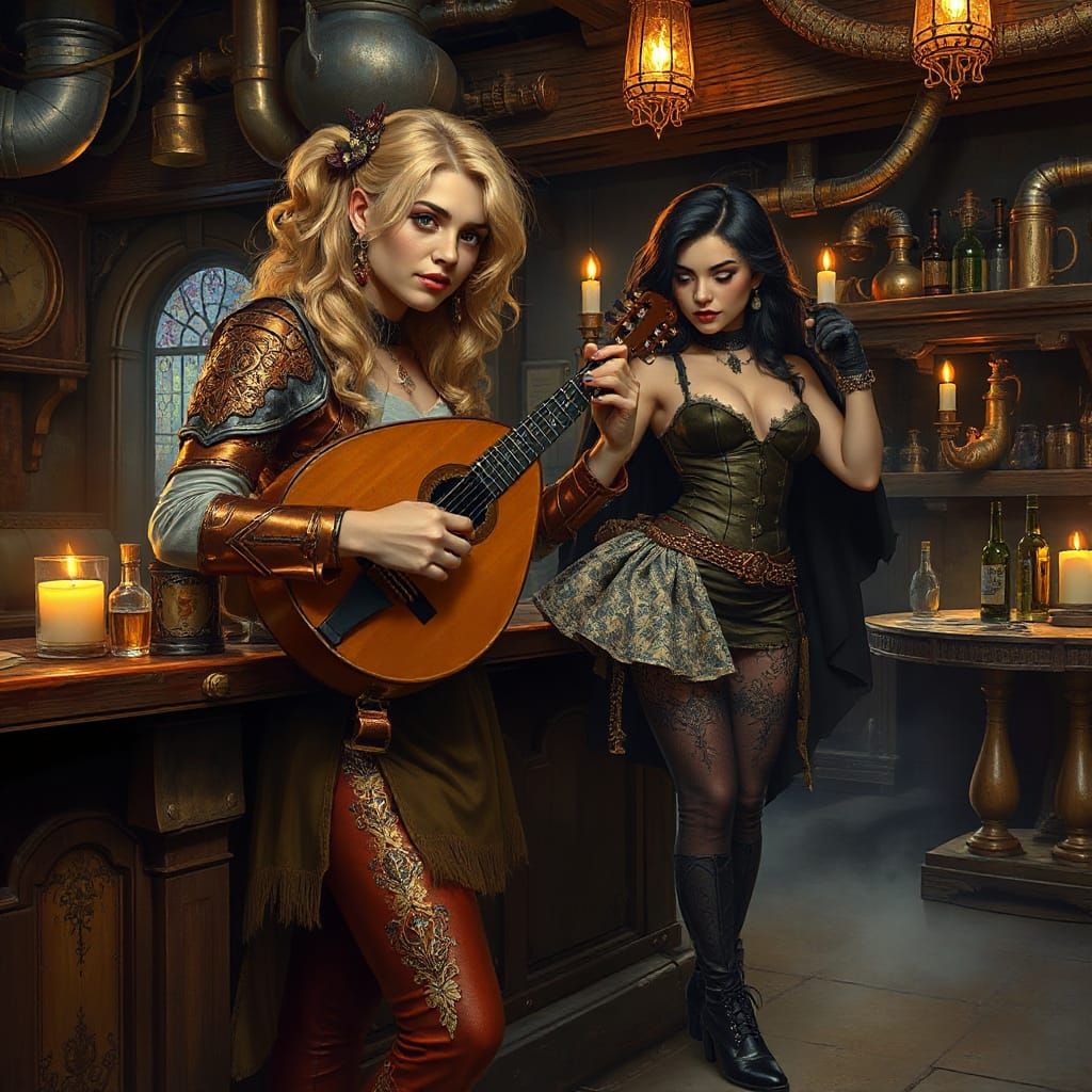 Confident Bard Performs in Steampunk Tavern