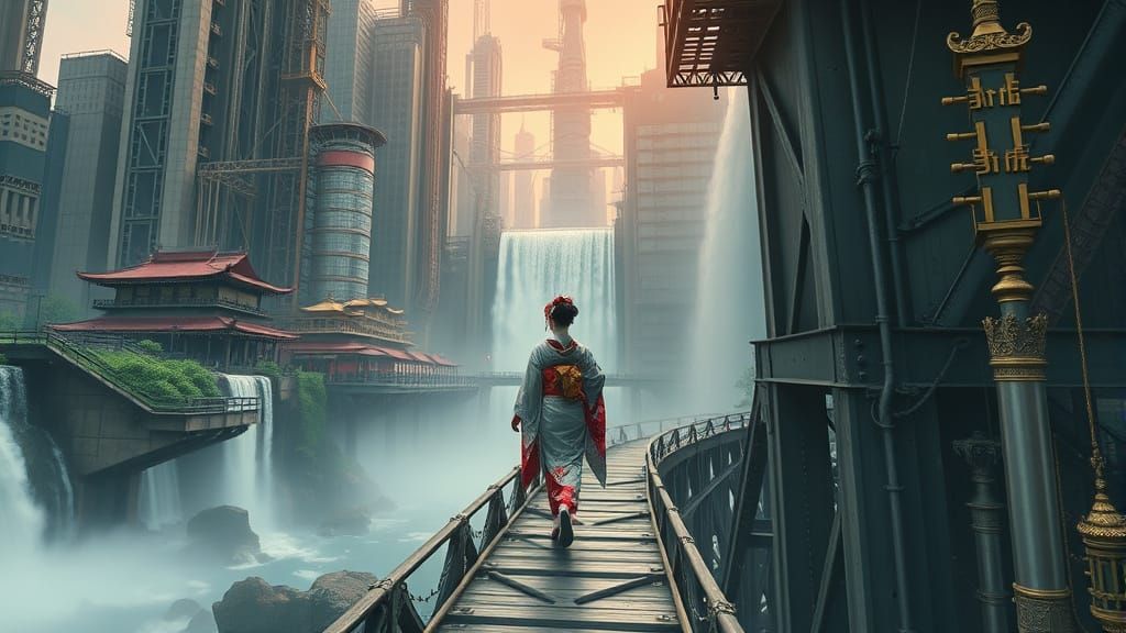 Surreal Dreamscape of Industrial Oasis with Waterfalls and G...