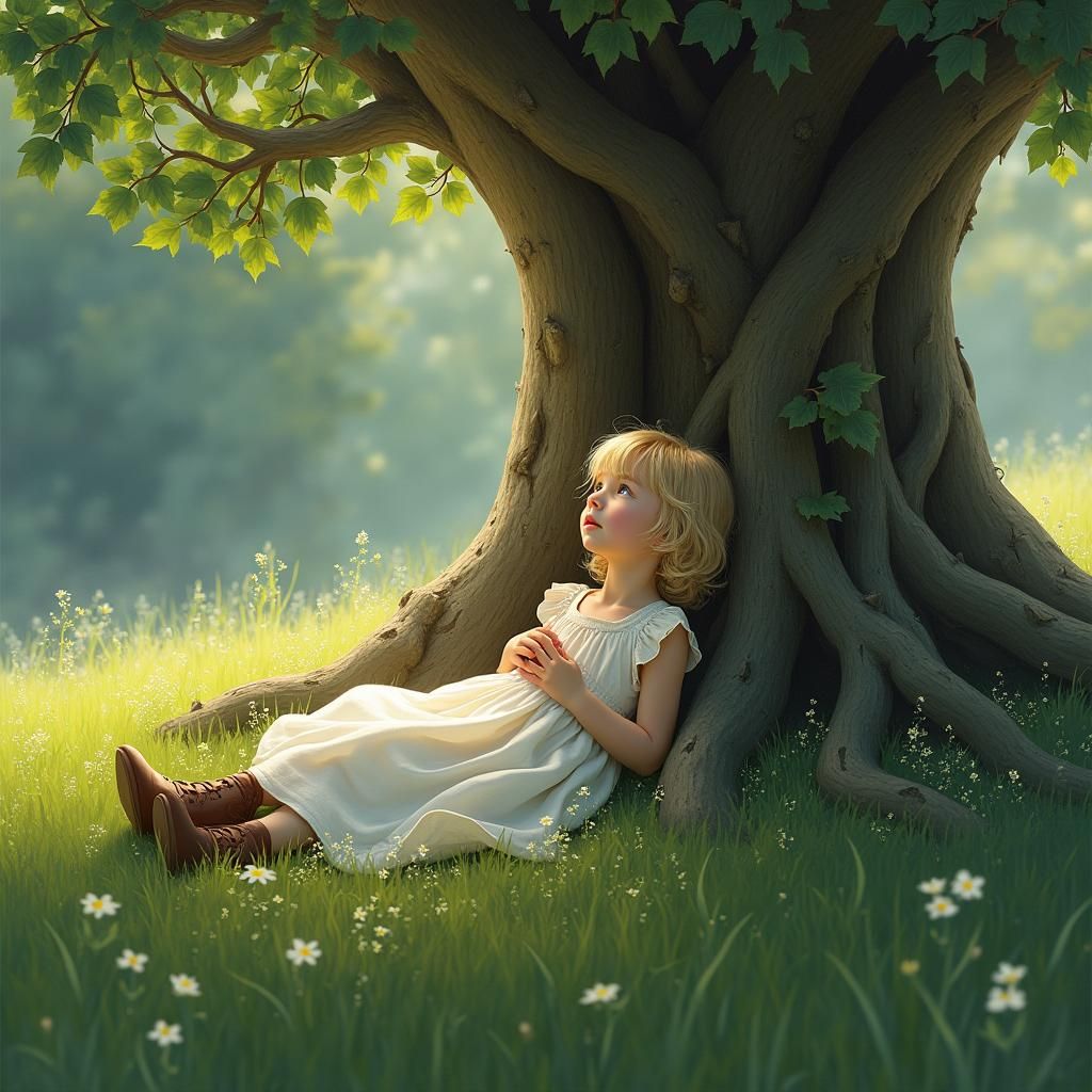 Girl in White Dress Resting Under Tree Canopy