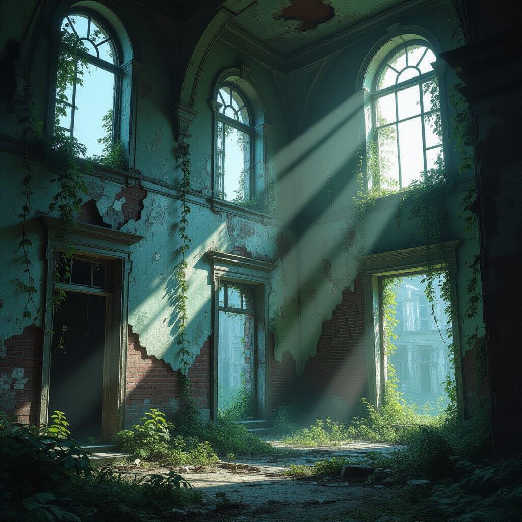 Cinematic Digital Art of Nature Reclaiming Abandoned Buildin...
