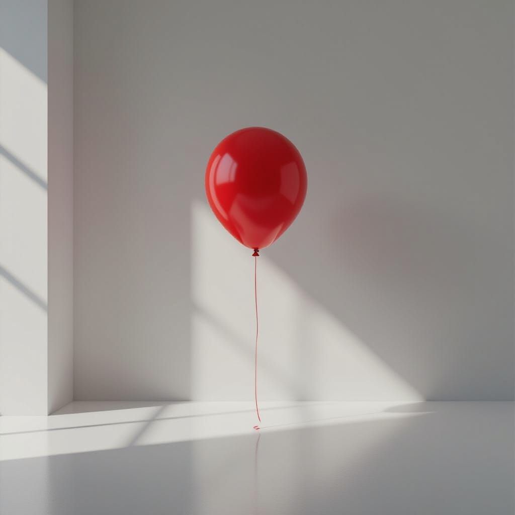 Red Balloon in Minimalist White Room, Hyperrealistic Surreal...