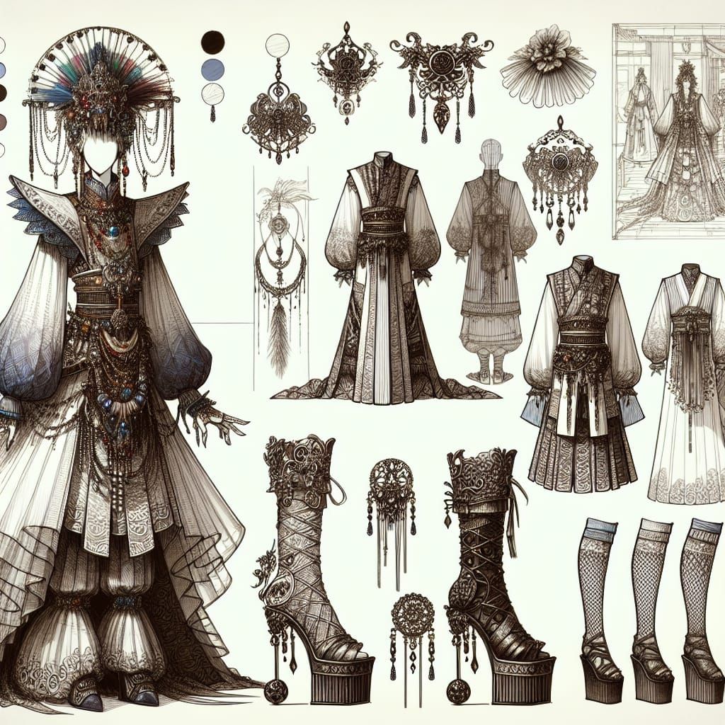 Elegant Outfit Sketch with Medieval and Sci-Fi Elements