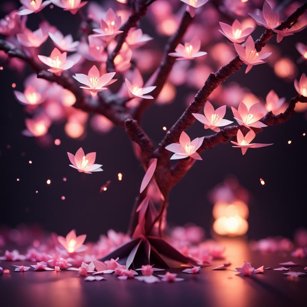 Glowing Origami Cherry Blossom Tree at Night