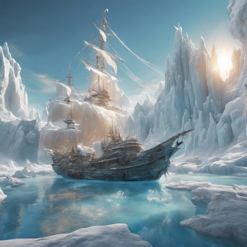 Icy frozen landscape, glaciers, frozen ship by Roger Dean an...