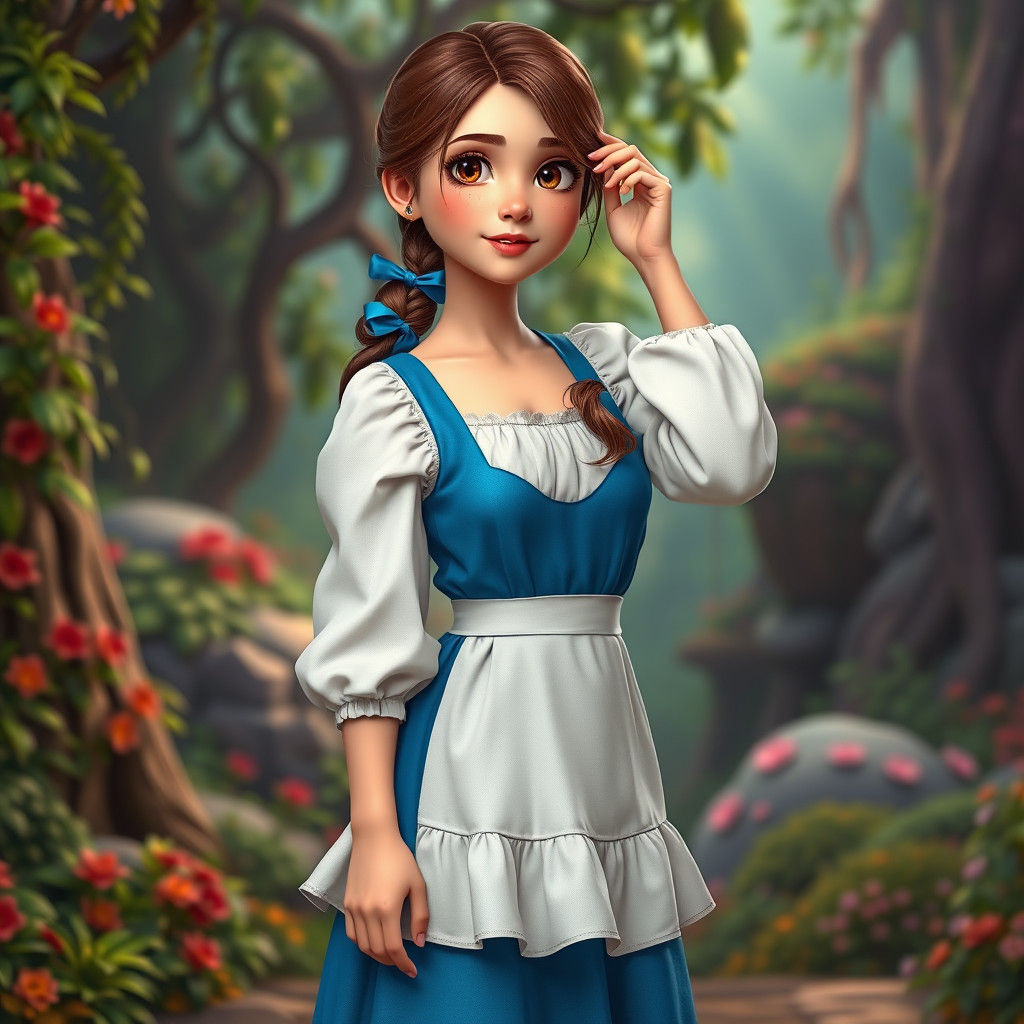 Young Woman in Blue Dress in Fantasy Landscape