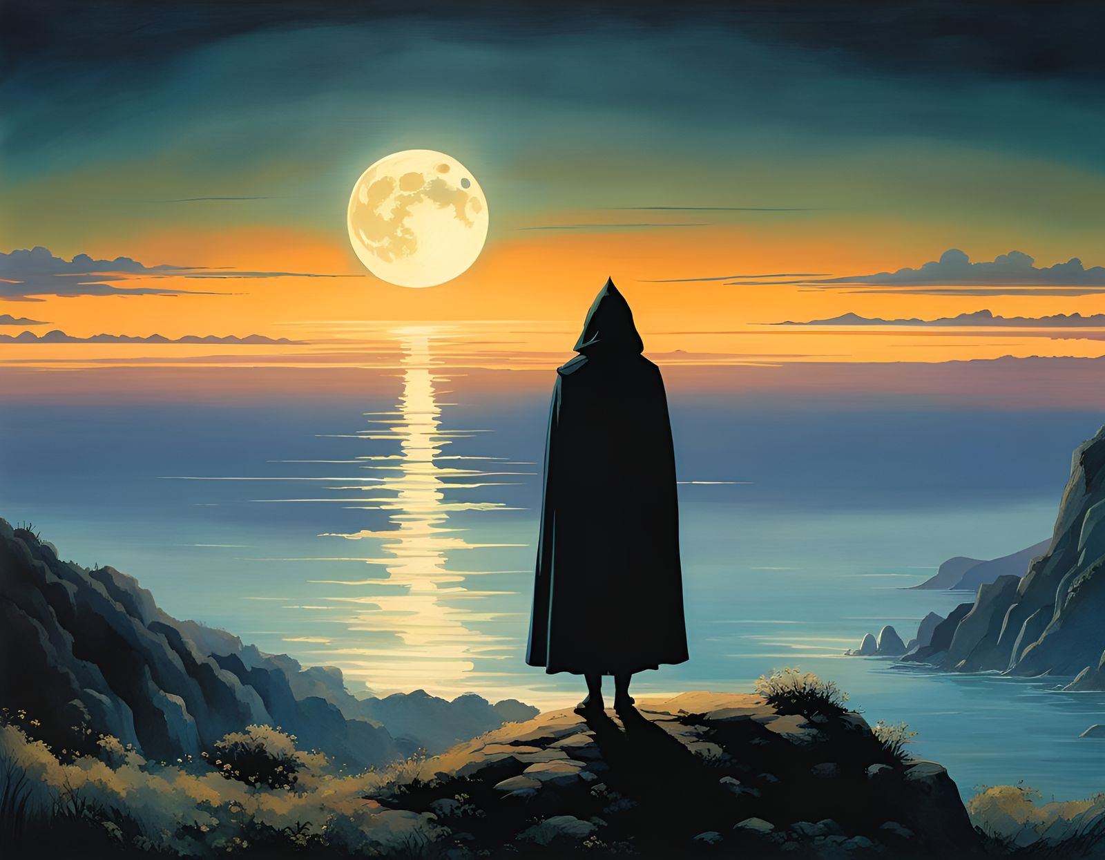 Hooded Figure in Moonlit Seaside Fantasy Landscape