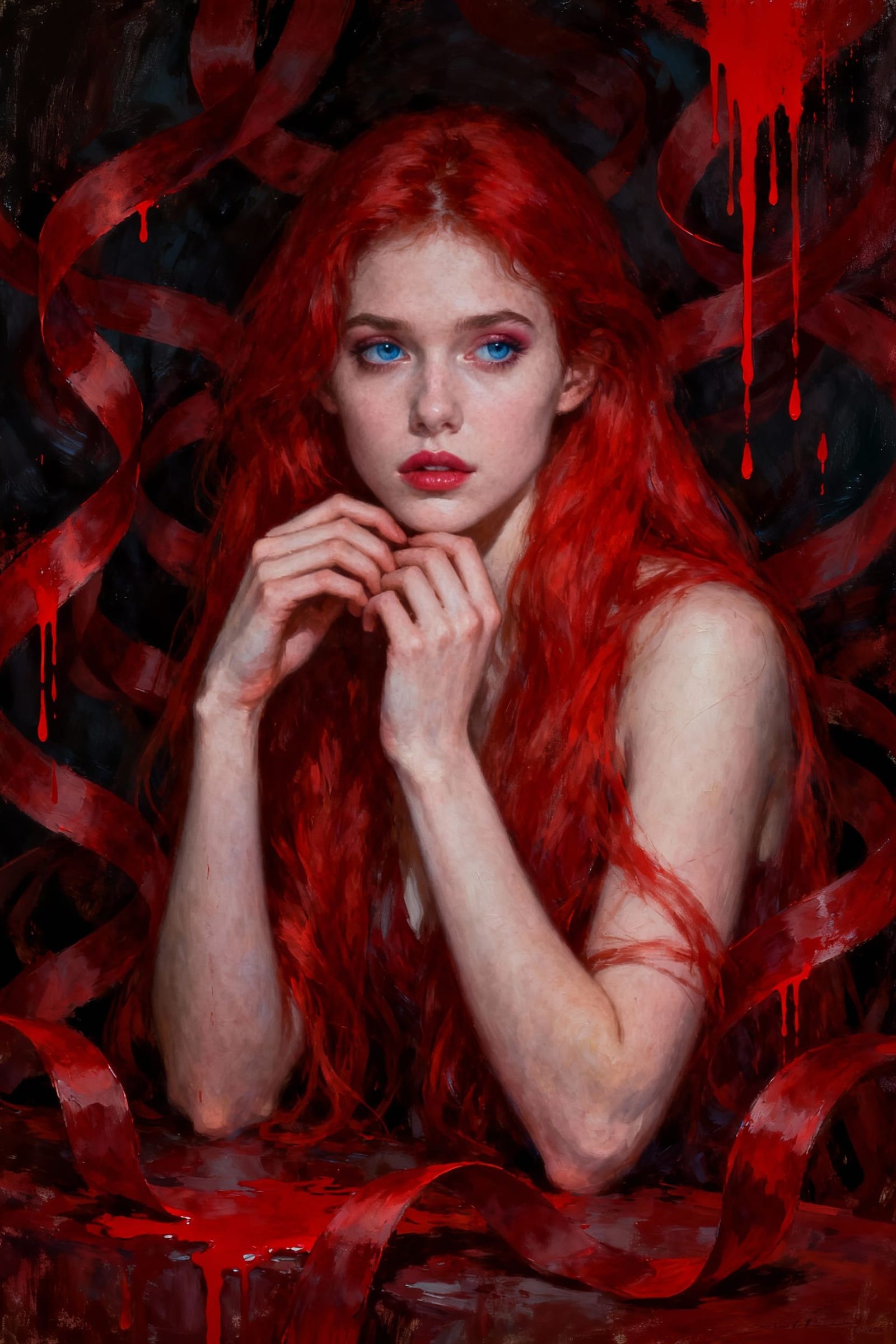 Scarlet Hair Portrait with Abstract Red Swirls
