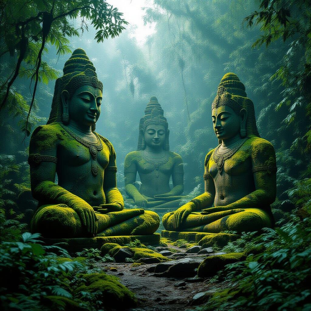 Mystical Jungle with Ancient Statues in Cinematic Style