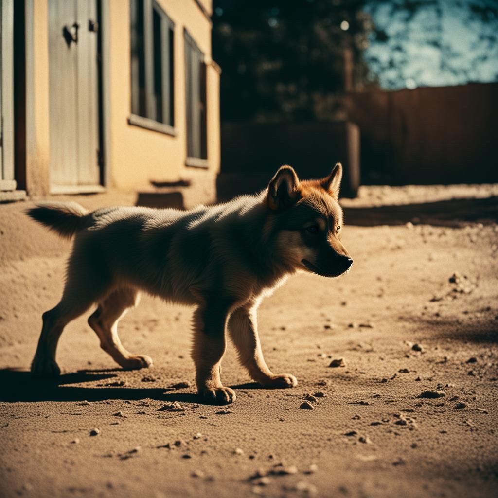 Puppy with Wolf Shadow: A Cinematic Still