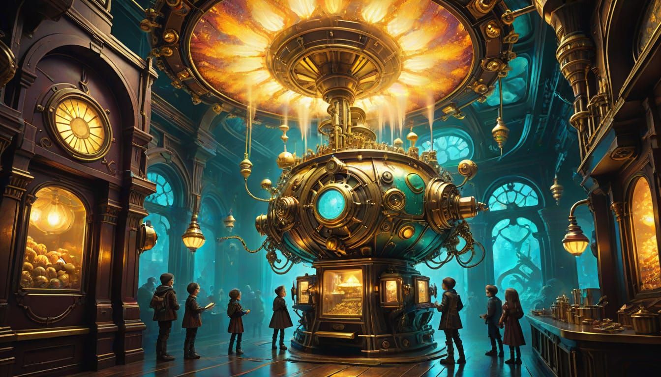 Steampunk Kids Marvel at Vibrant, Hissing Popcorn Machine in...