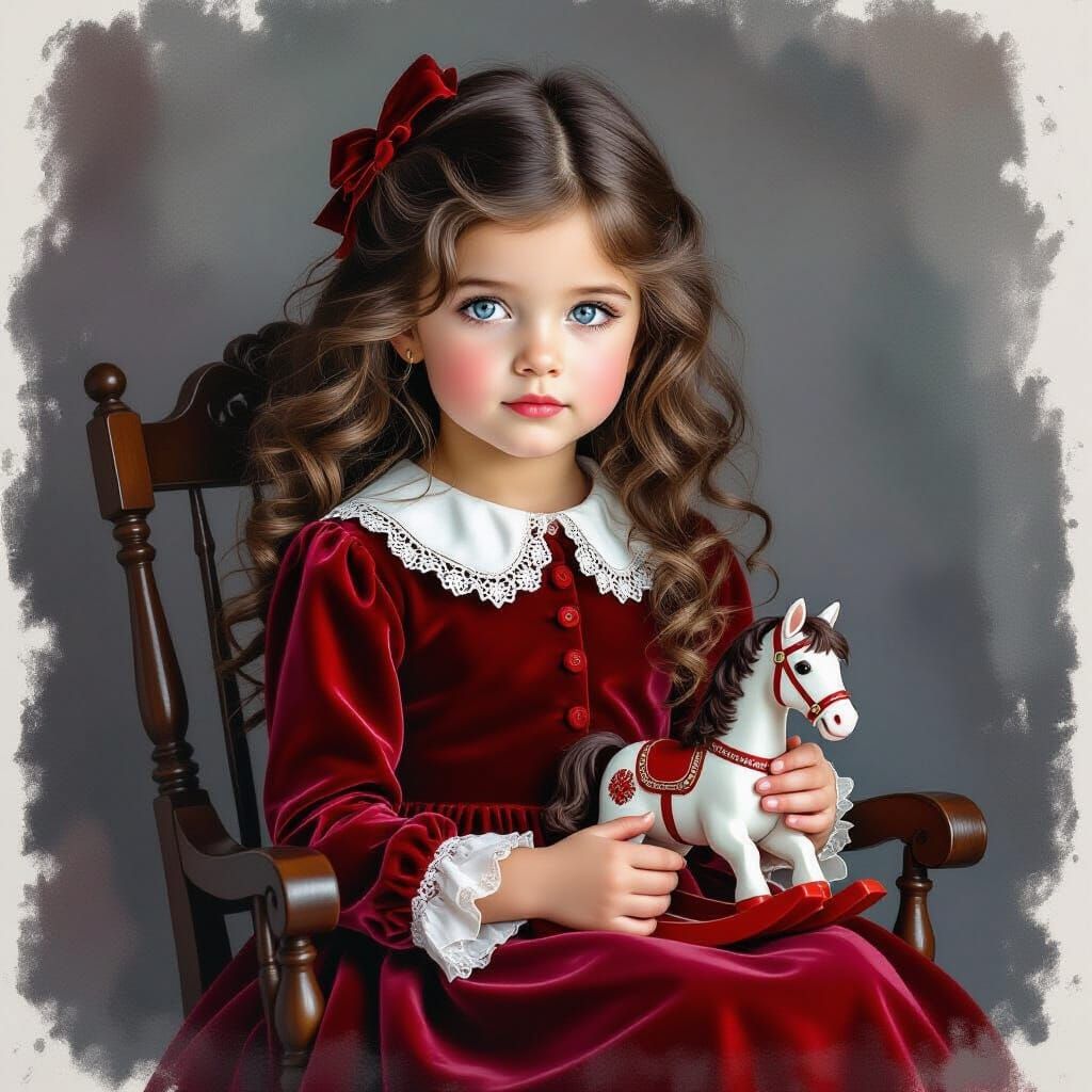Girl with Rocking Horse in High Detail Photo