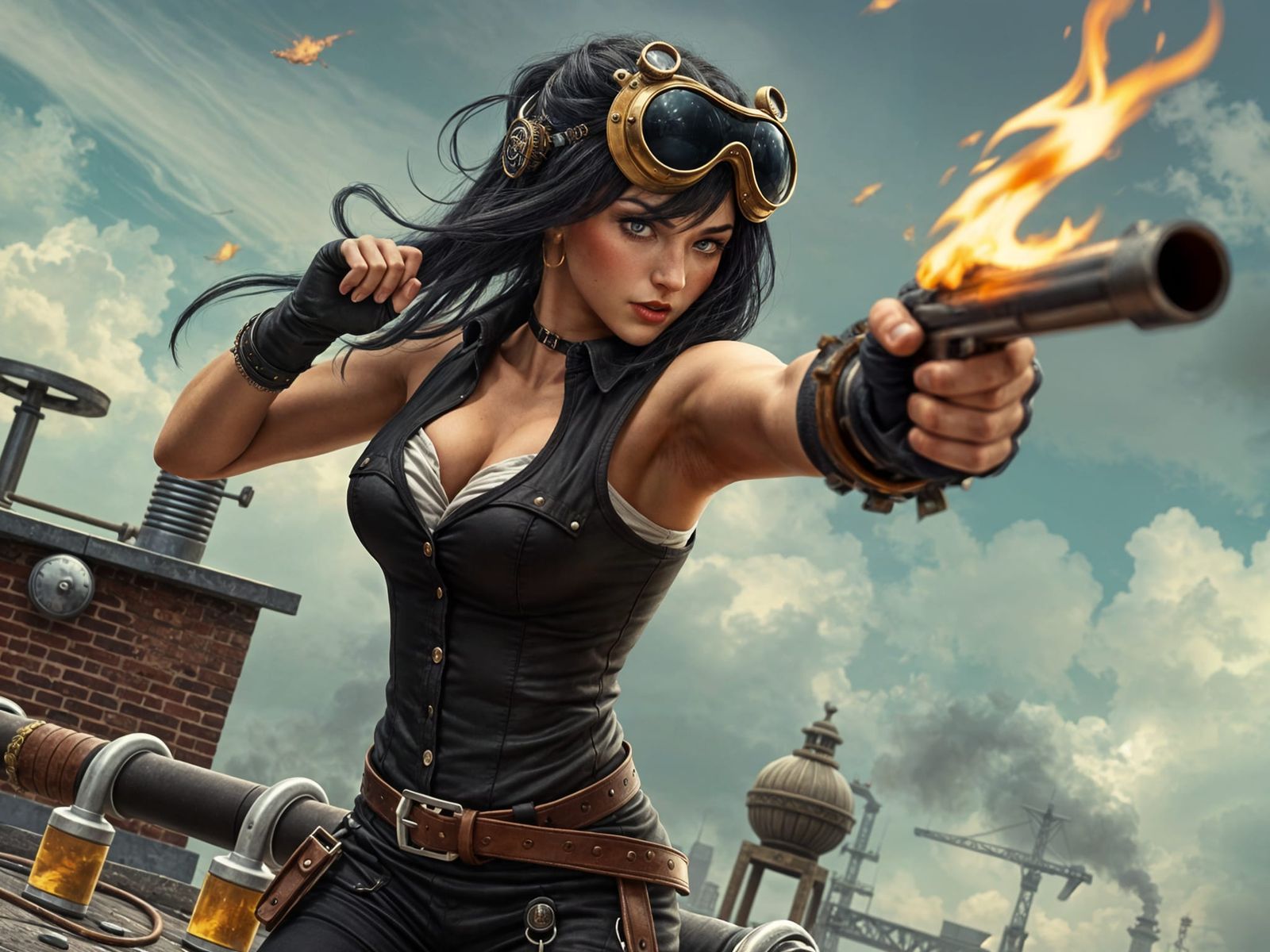 Steampunk Heroine Rooftop Fight: Hyper-Realistic Gorset