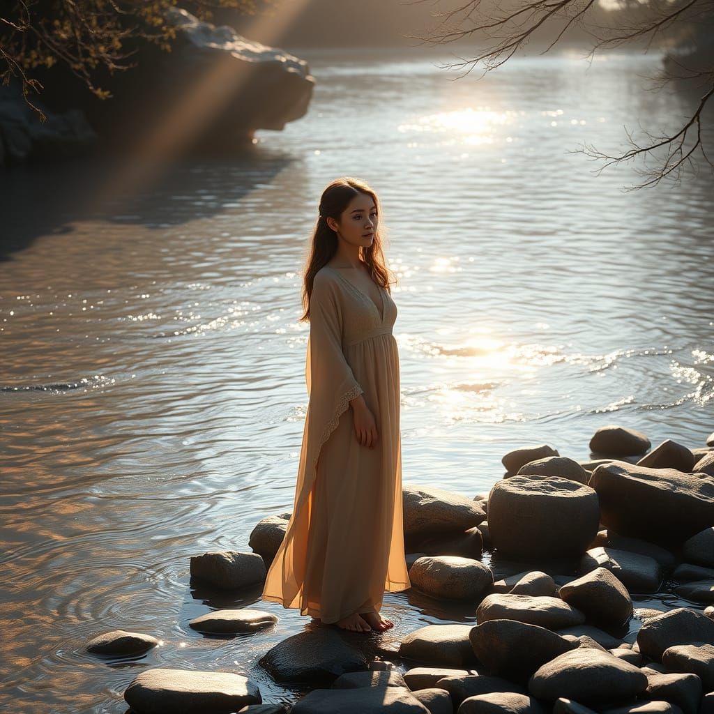 Serene Woman by Sunlit Stream in Classical Romantic Style