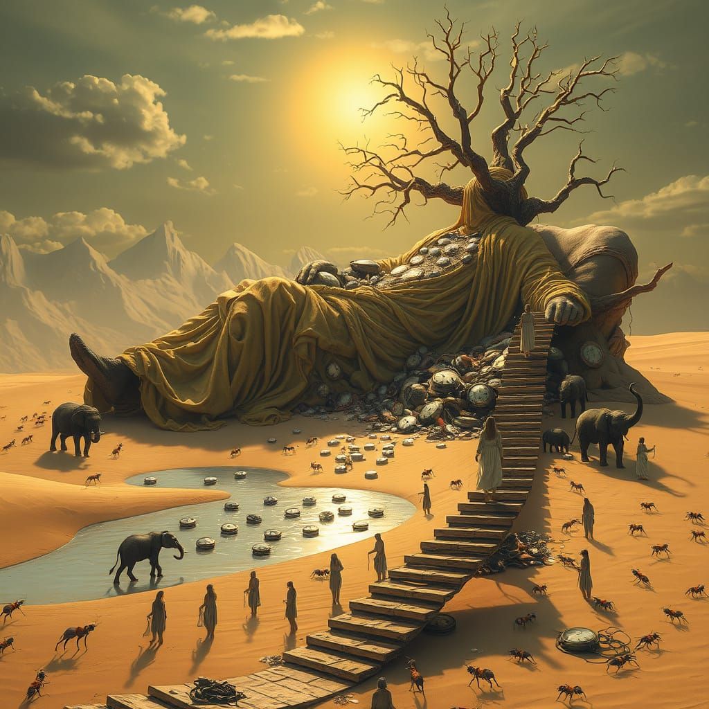 Surreal Desert Giant with Melting Sun