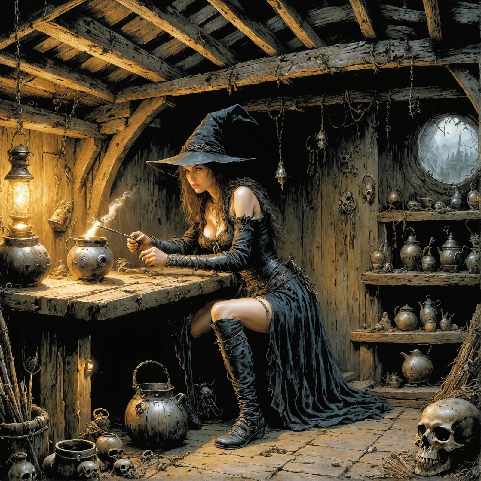 Young Witch Tinkering, Dark Fantasy Illustration
