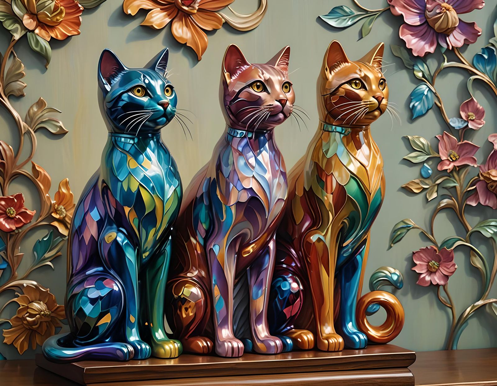 Colorful Enamel Cat Figurines on Wooden Shelf