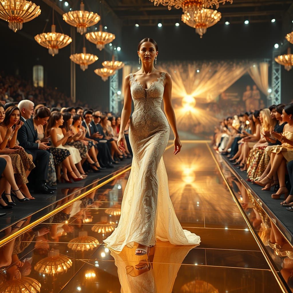 Elegant Woman Struts Down Golden Catwalk in Luxury Editorial...