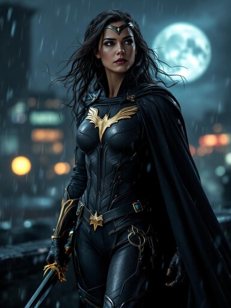 Gotham Amazon Knight on Rain-Soaked Rooftop