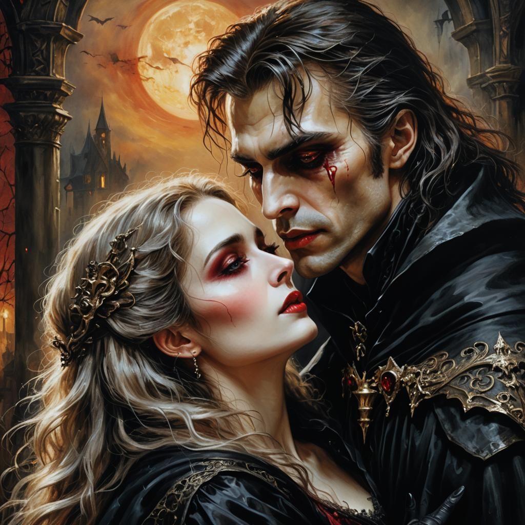 Romantic Vampire Embrace in Gothic Oil Painting