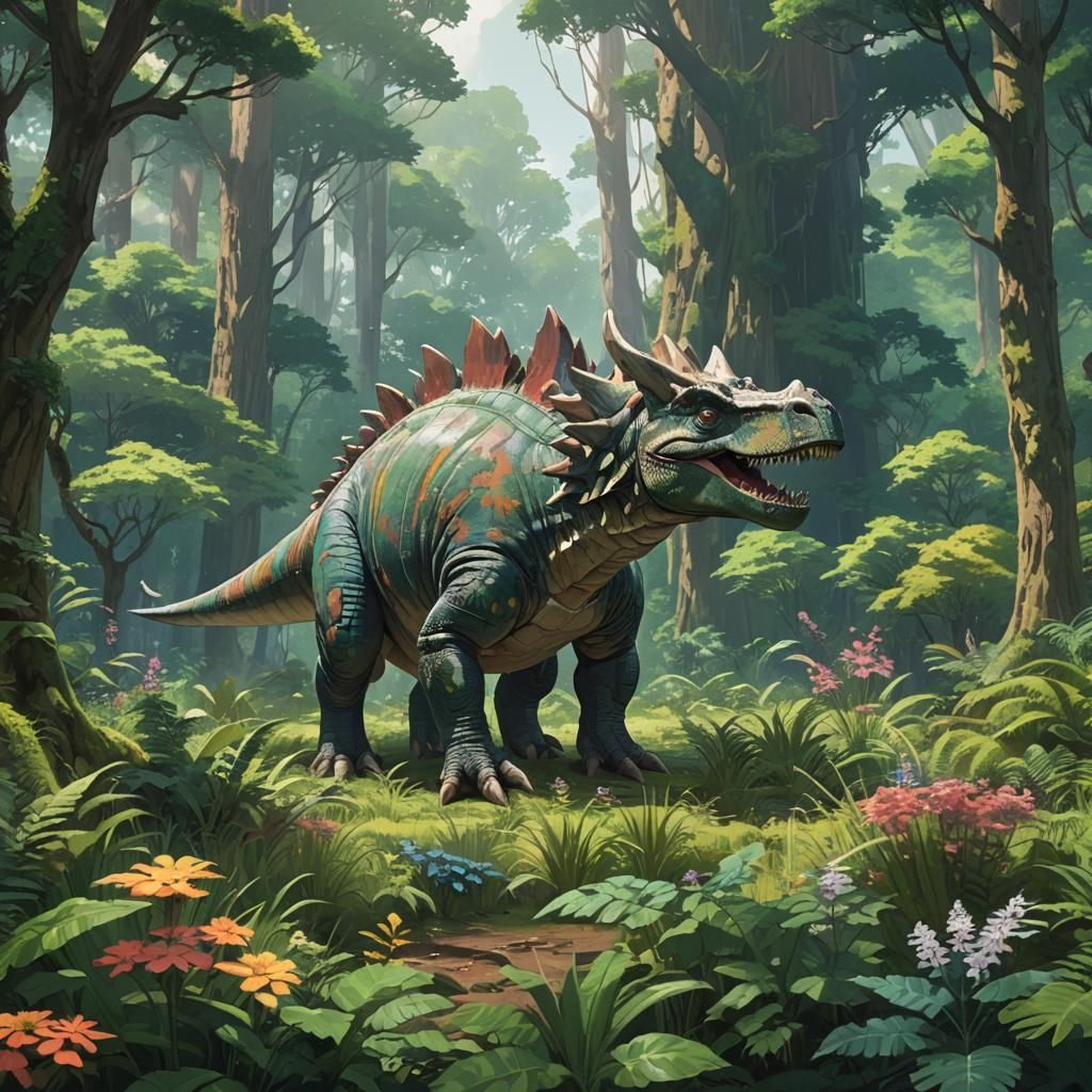 Stegosaurus in Lush Forest: Anime Concept Art
