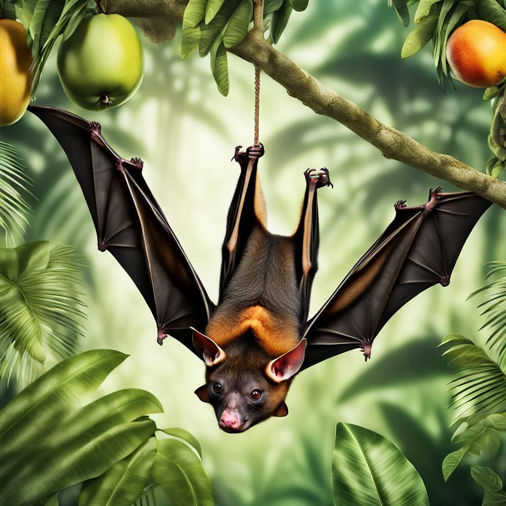 Photorealistic Fruit Bat in Tropical Jungle
