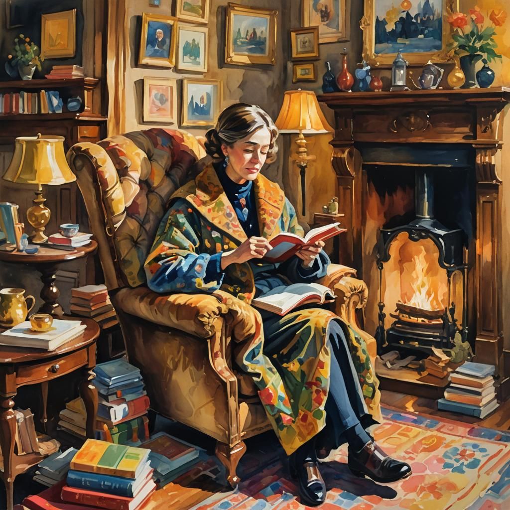 Woman Reading in Gouache Watercolor Impressionist Style