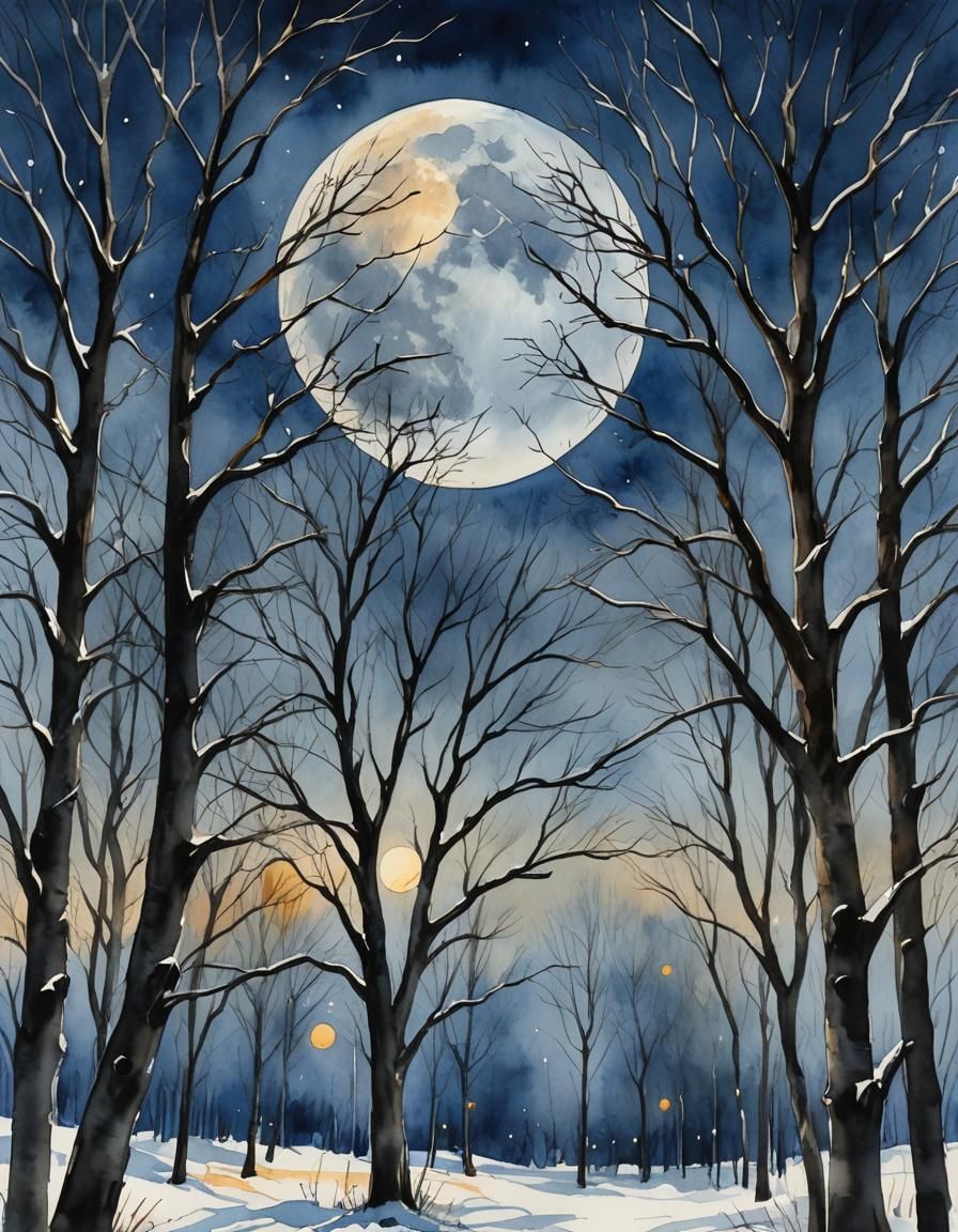 Full Moon Through Bare Trees in Watercolor Painting