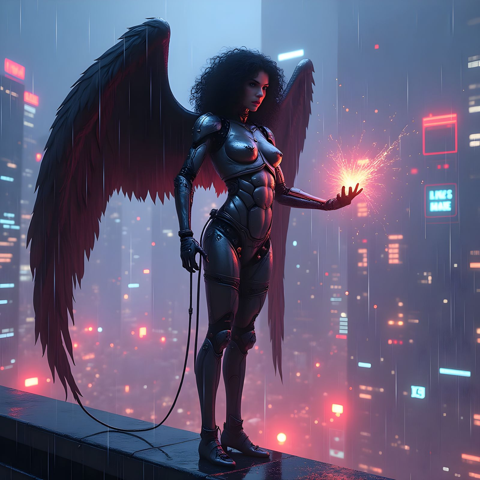 Cyborg Harpy in Neon Cityscape: Cyberpunk Illustration