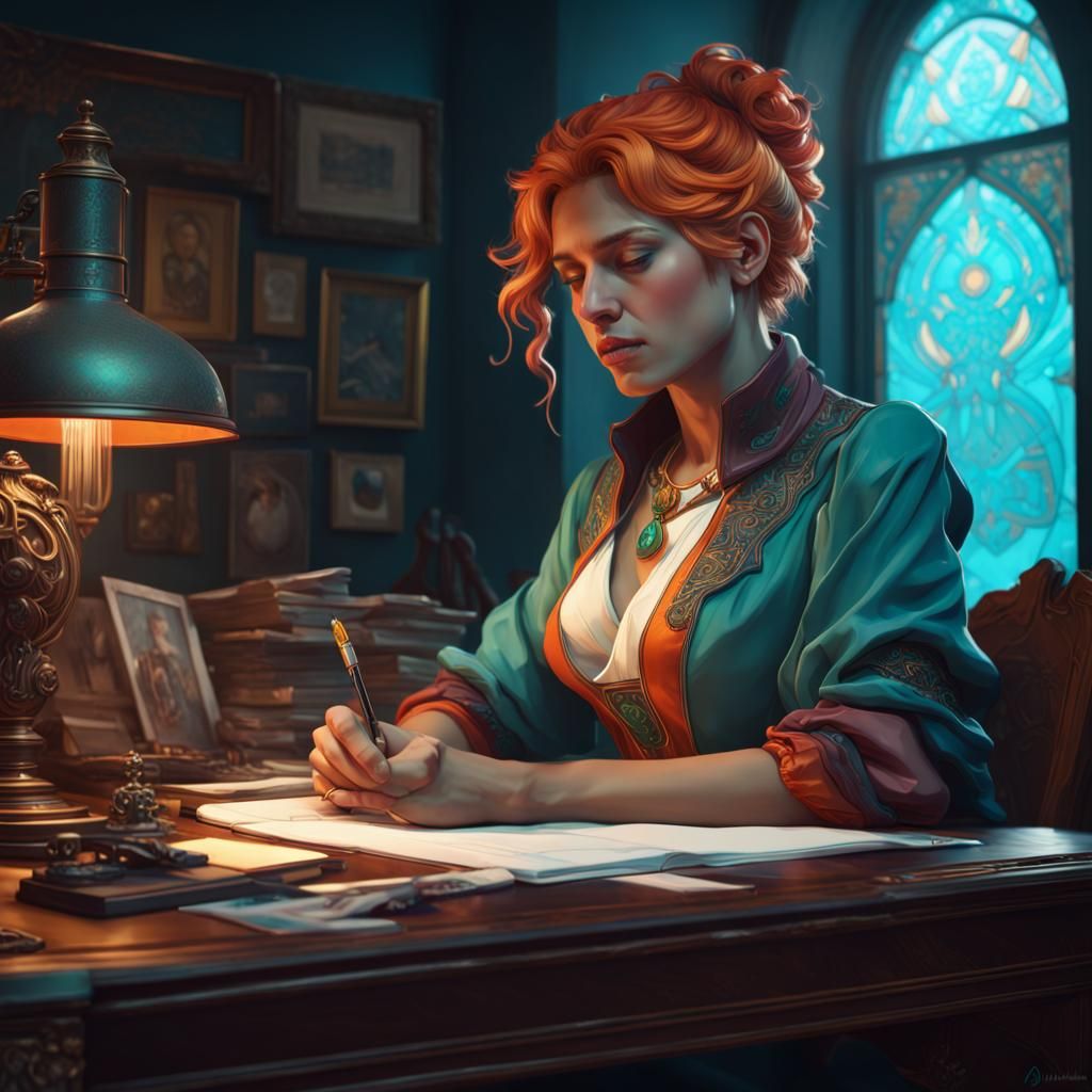 Female Writer in Stormy Colors, Hyperdetailed Art
