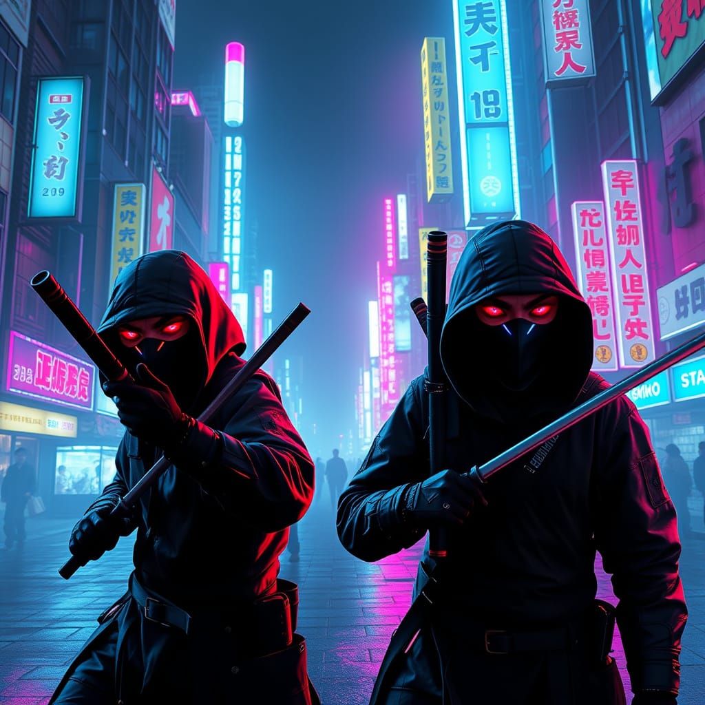 Ninjas in Neo Tokyo in Cyberpunk Style