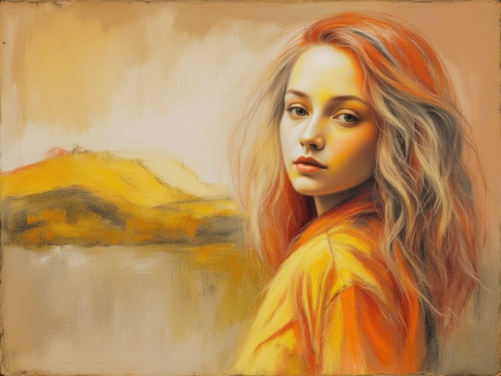 Pale Yellow and Orange Female Figure in Evocative Landscape