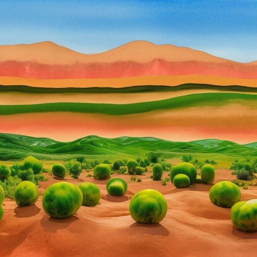 Green Apple in Desert: Gouache Impressionist Painting