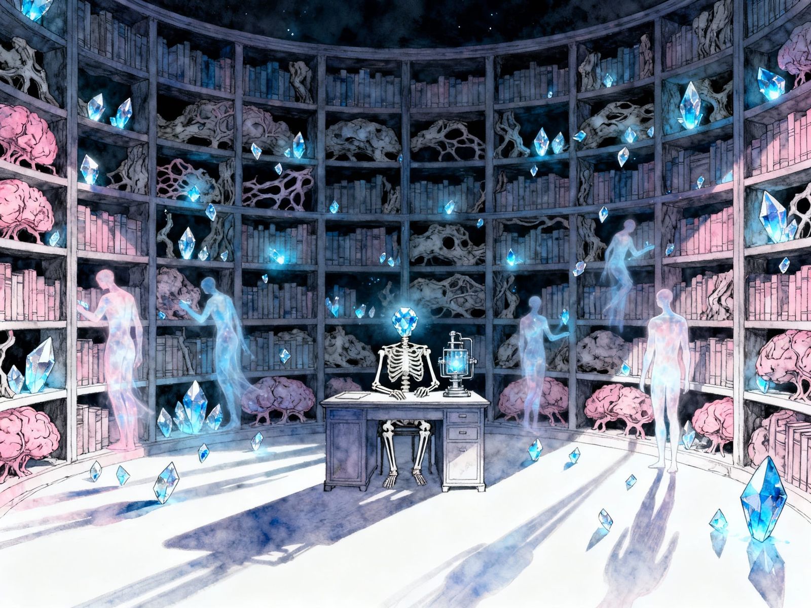 Vast Circular Library of Petrified Neural Tissue and Crystal...