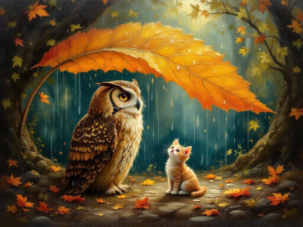 Owl and Kitten in Forest, Impasto Oil Painting