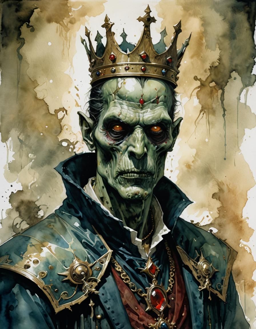 Eerie Zombie King Storybook Illustration in Watercolor