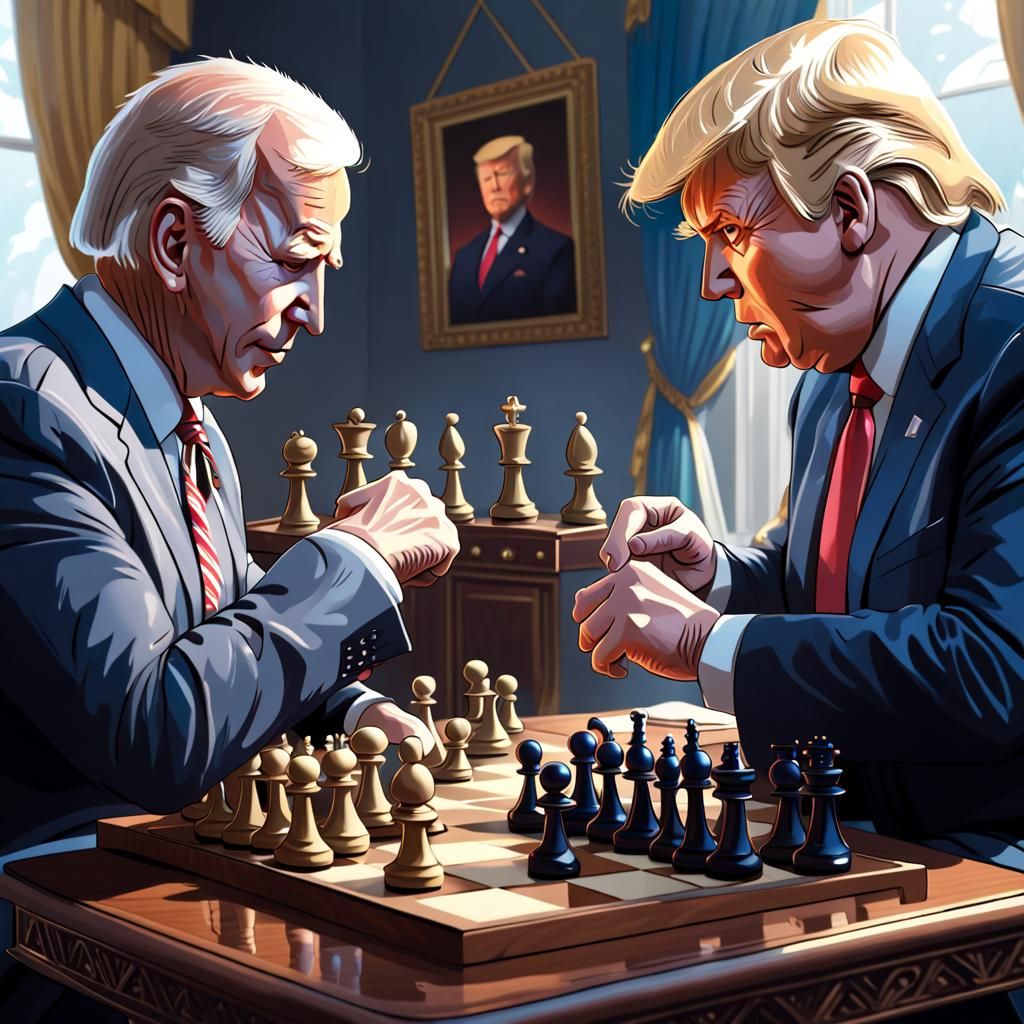 Biden and Trump Chess Match: Detailed Digital Painting