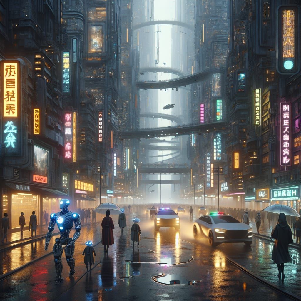 Rainy Dystopian Cityscape with Futuristic Architecture