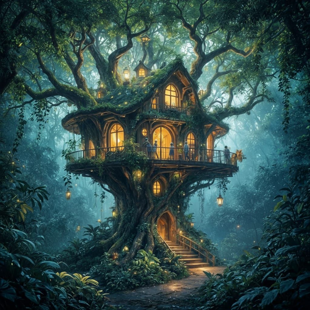 Bioluminescent Treehouse in Alien Jungle