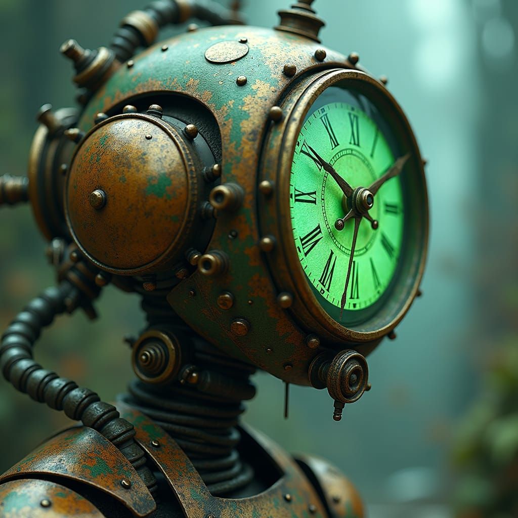 Steampunk Clockwork Humanoid in Surreal Landscape