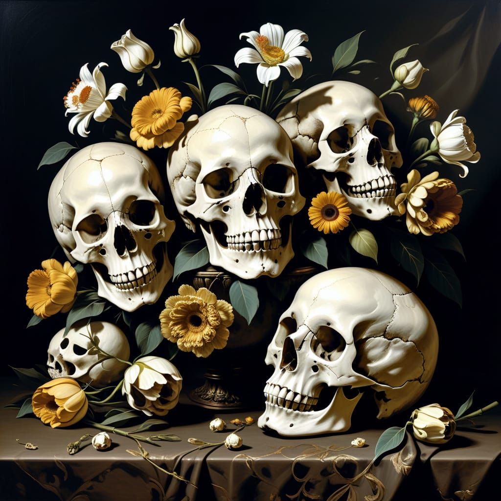 Macabre Still Life: Skulls and Flowers in Baroque Style