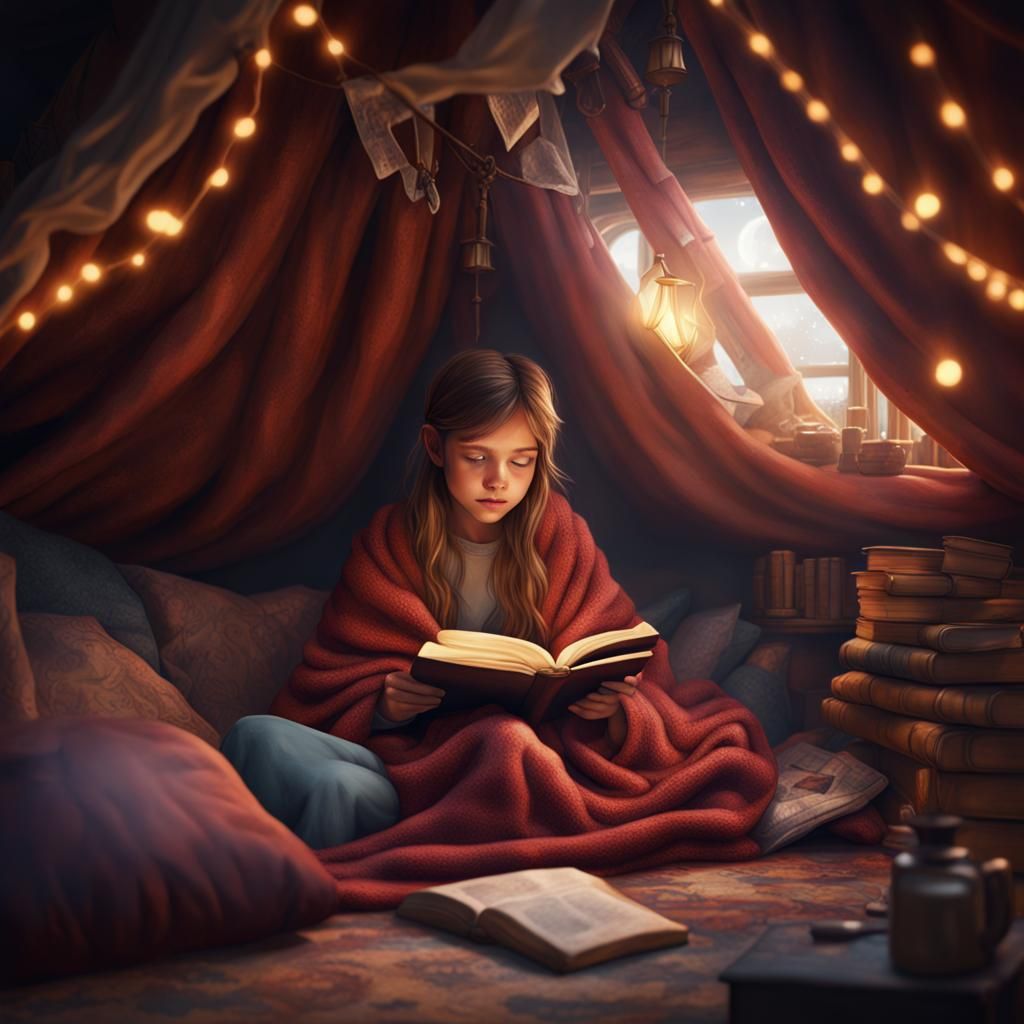 Girl Reading in Cozy Blanket Fort