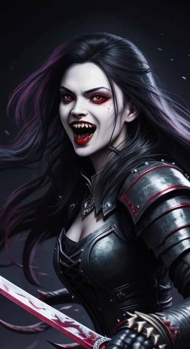 Hyperrealistic Vampire Woman with Swords and Fangs