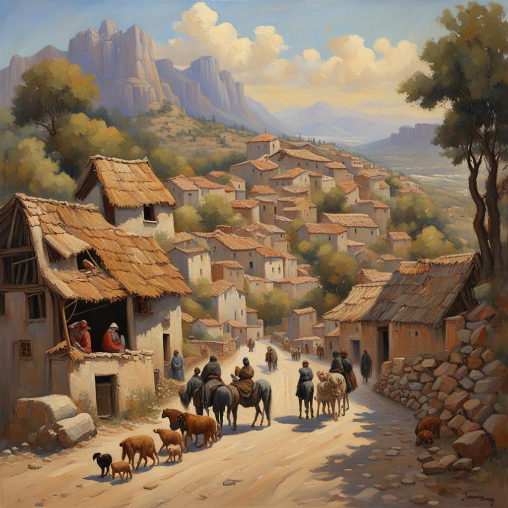 Medieval Village Scene as Oil Painting