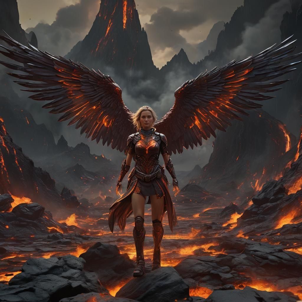 Fiery Winged Woman in Volcanic Landscape