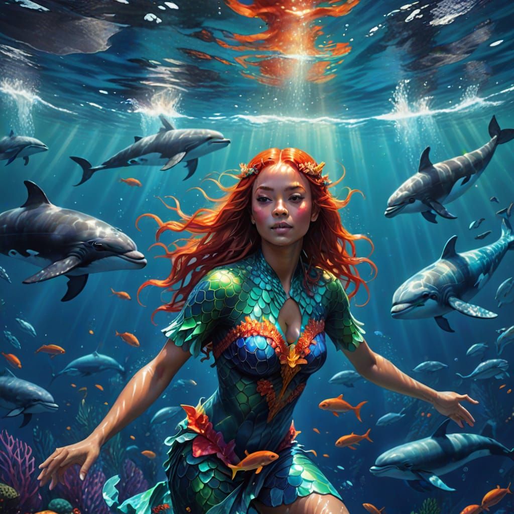 Hawaiian Mermaid Goddess in Vibrant Aquatic Art