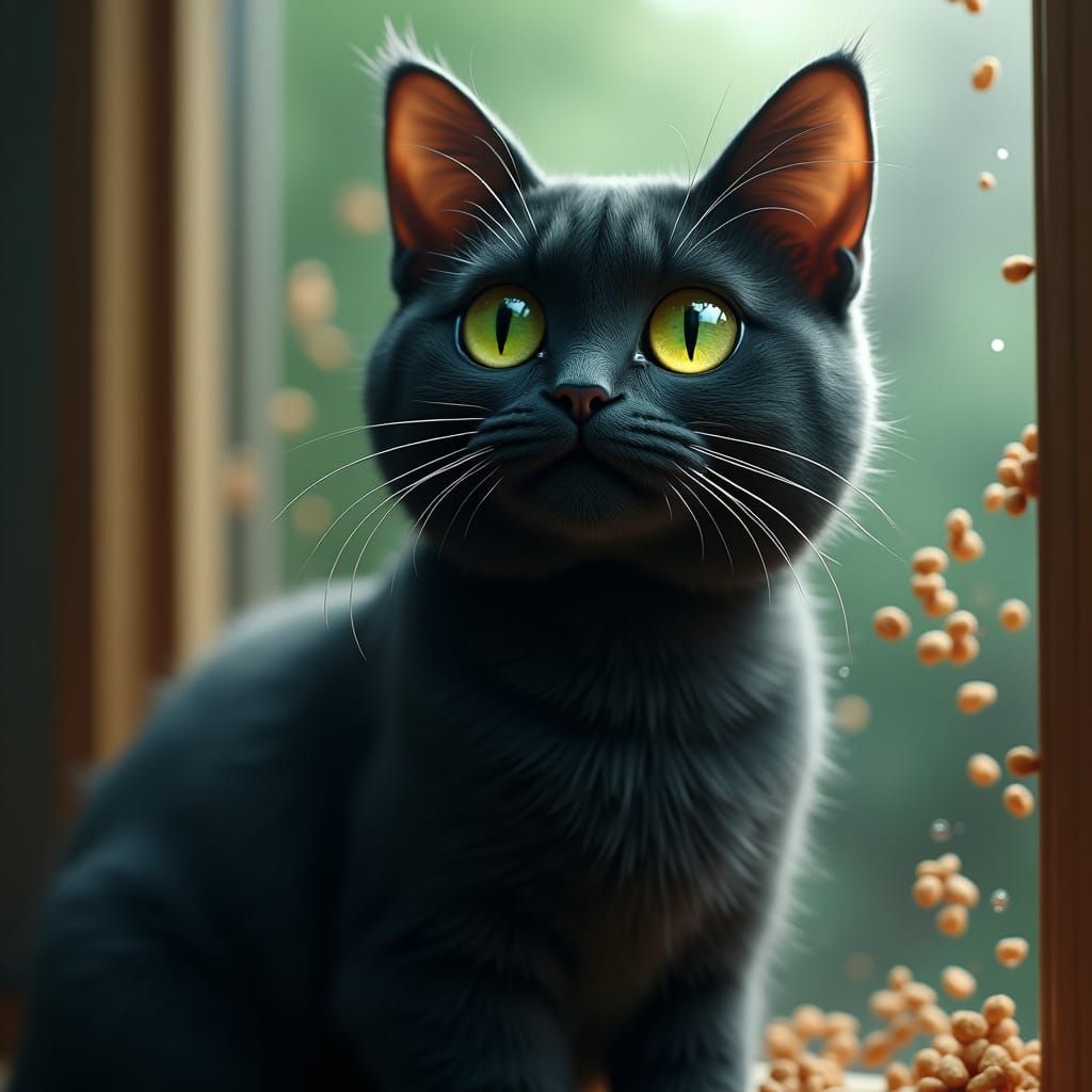 Black Cat with Enormous Eyes in Fantasy Art Style