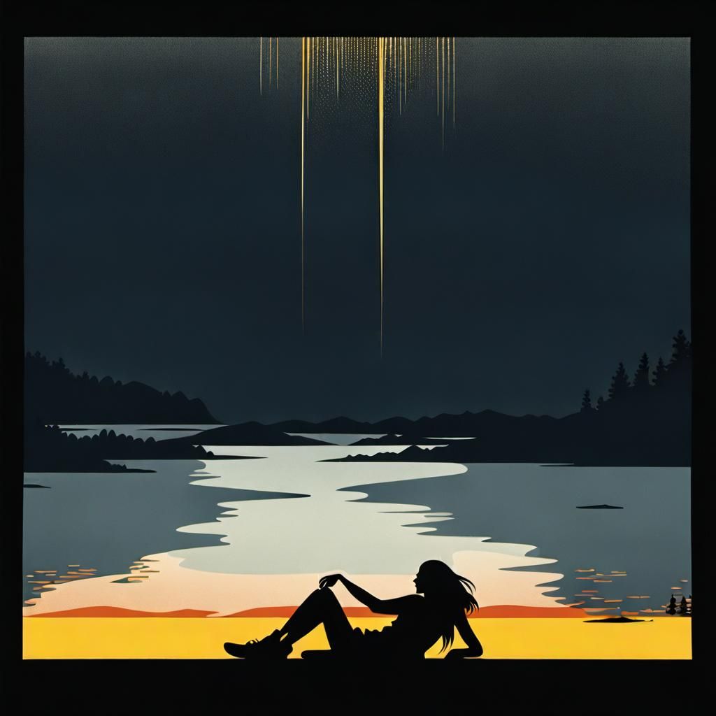 Sad Woman Silhouette under Night Sky in Crosshatching Style