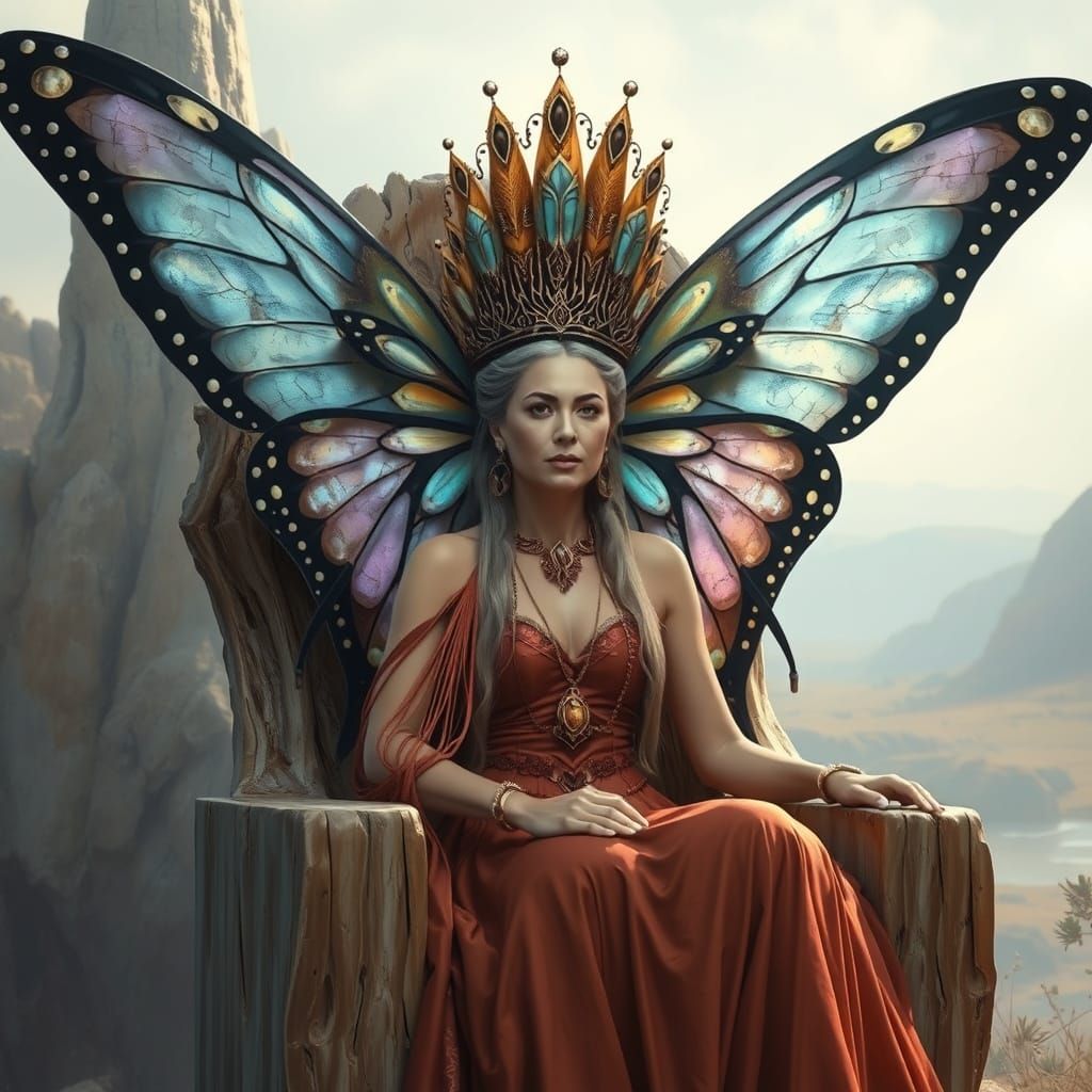 Regal Queen on Petrified Wood Throne with Butterfly Wing Hea...