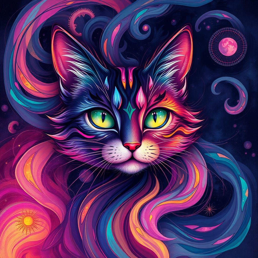 Whimsical Feline Abstract Art in Vibrant, Iridescent Colors